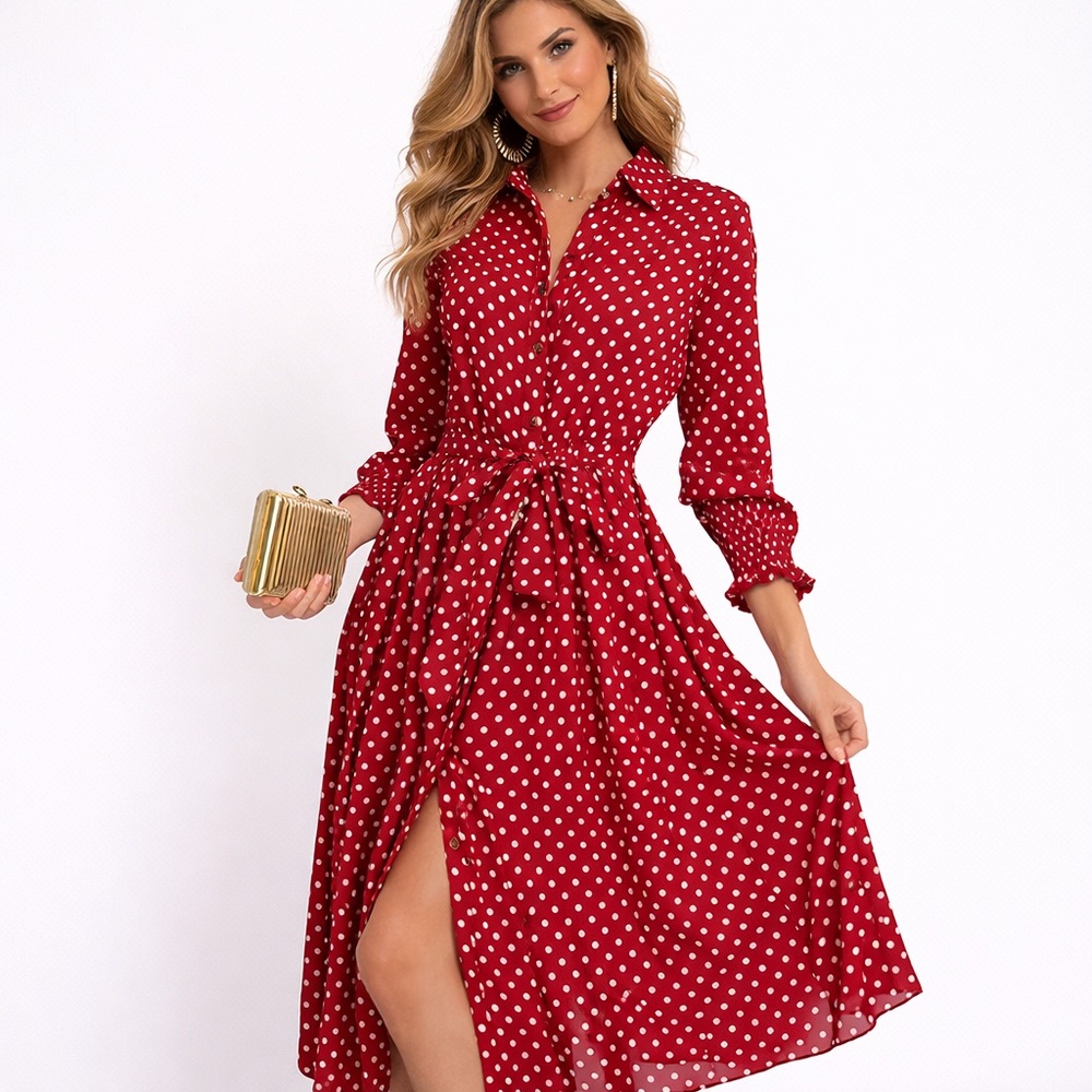 Red Polka Dot Midi Dress Women Size S Button Front Tie Waist Flowy